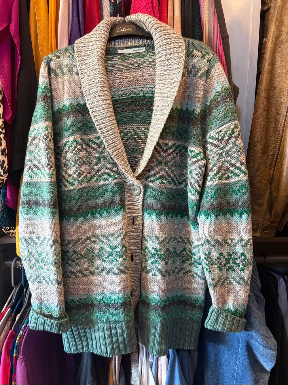 Maurices Green Cream Fair Isle Shawl Collar Cardigan Sweater